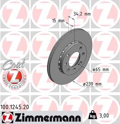 Тормозной диск Zimmermann Coat Z передний для Audi A2 2001-2005. Артикул 100.1245.20