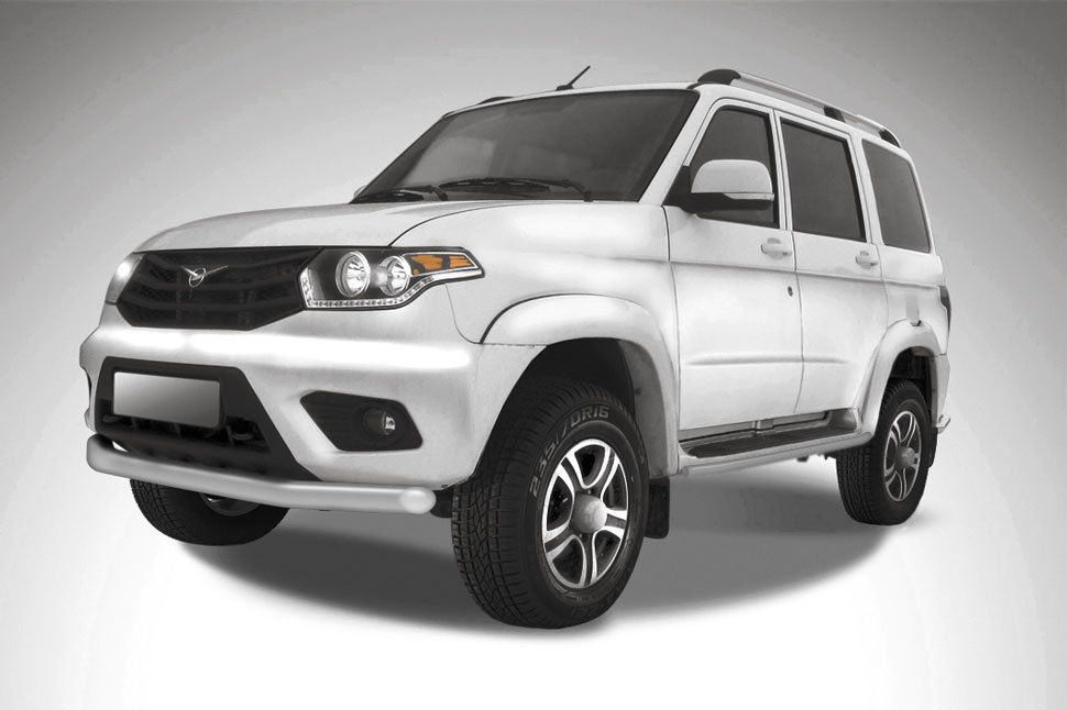 Защита Slitkoff переднего бампера d76 для УАЗ Patriot I рестайлинг 2014-2026 Серебристая. Артикул UP14-002S