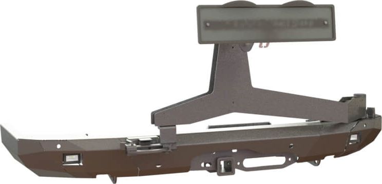 Бампер силовой STC тип Revo задний для Toyota Land Cruiser Prado 150 2009-2017 с квадратом под фаркоп, площадкой под лебедку, кронштейном крепления запасного колеса по центру, кронштейном крепления гос номера и фарами заднего хода. Артикул STC-TLCP150-BRR-W-C1-L3