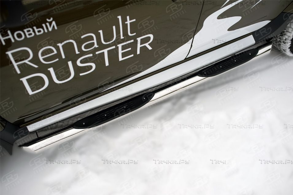 Защита порогов RusStal труба d76 с накладками (вариант 1) для Renault Duster I рестайлинг 2015-2020. Артикул RDT-0021791