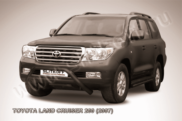 Кенгурятник Slitkoff d76 низкий широкий с перемычкой ЧЕРНЫЙ матовый для Toyota Land Cruiser 200 2007-2012. Артикул TLC2-005B