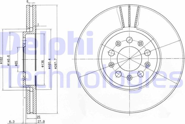 Тормозной диск Delphi передний для Audi A1 I (8X) 2011-2018. Артикул BG3035