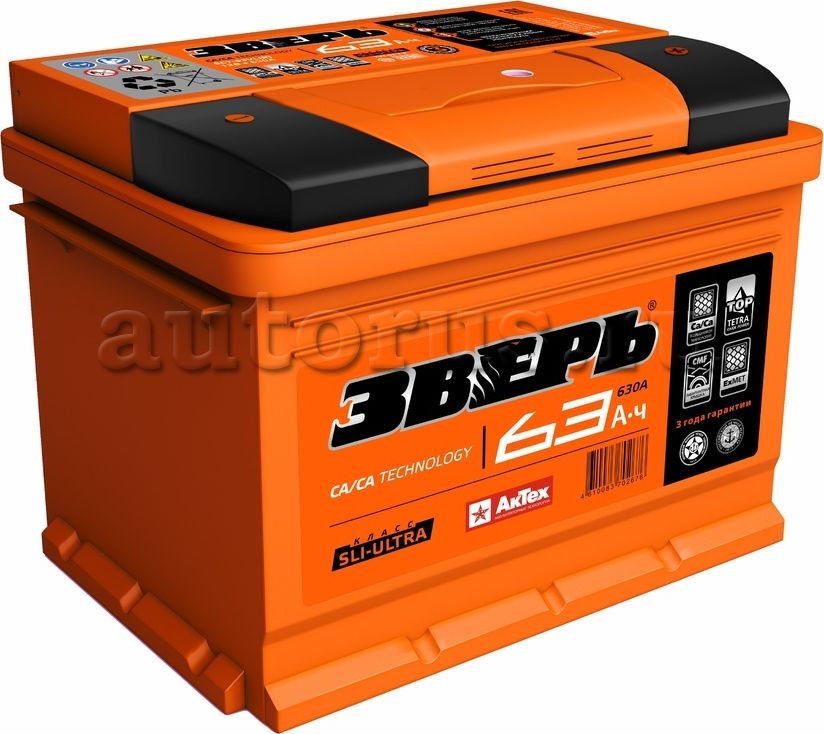 Аккумулятор ЗВЕРЬ 63 А/ч обратная R+ EN650 А 242x175x190 6СТ-63 LЗУ (R) ZVK 63-3. Артикул ZVK633R