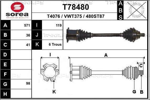 Полуось (привод в сборе, приводной вал) EAI. Артикул T78480