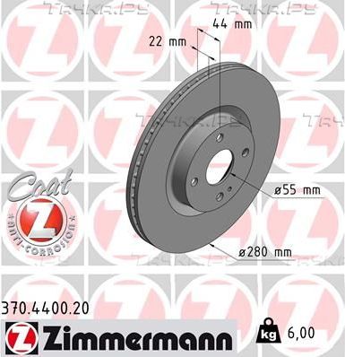 Тормозной диск Zimmermann Coat Z передний для Fiat 124 Spider I 2016-2026. Артикул 370.4400.20