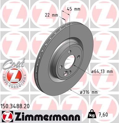 Тормозной диск Zimmermann Coat Z для MINI Hatch II (R56) 2006-2013. Артикул 150.3488.20