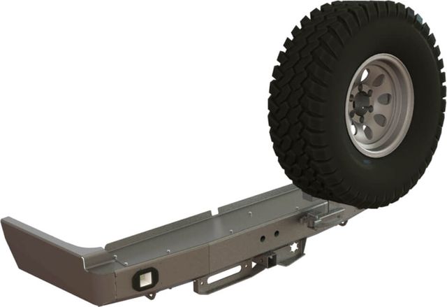 Бампер силовой задний STC для Toyota Land Cruiser 80 1990-1997 с квадратом под фаркоп, площадкой для лебедки, кронштейном крепления запасного колеса справа и фарами заднего хода/ ПТФ. Артикул STC-TLC80-BR-W-C2-L2