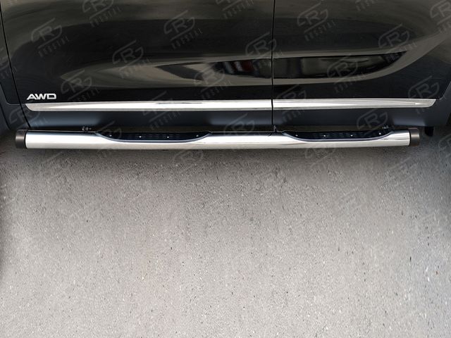 Защита порогов РусCталь труба d76 с накладкой (вариант 2) для Kia Sorento III Prime 2014-2017. Артикул KSPT-0022102