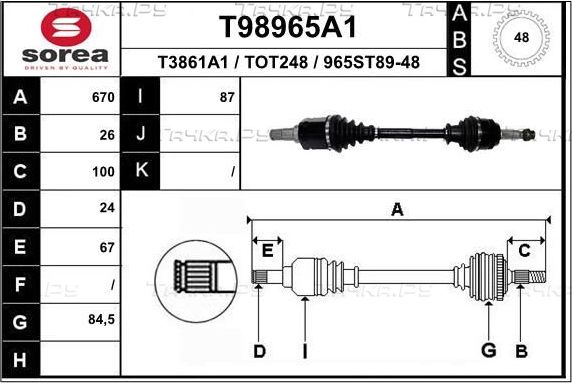 Полуось (привод в сборе, приводной вал) EAI передняя левая для Toyota Camry 40 (V40, XV40) 2006-2011. Артикул T98965A1