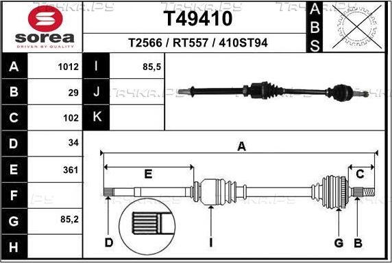 Полуось (привод в сборе, приводной вал) EAI. Артикул T49410