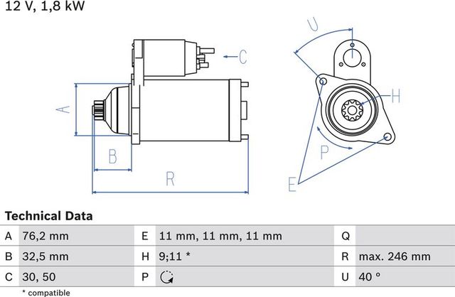Стартер Bosch для Mercedes-Benz V-Класс I (W638) 1997-2003. Артикул 0 986 017 000
