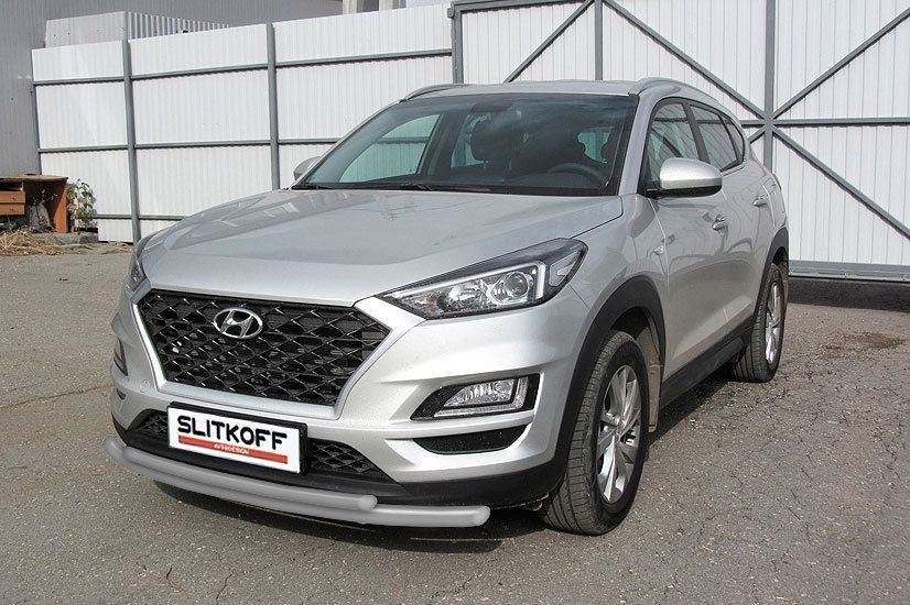 Защита Slitkoff переднего бампера d57+d42 двойная для Hyundai Tucson III рестайлинг 2018-2026 Серебристая. Артикул HT18001S