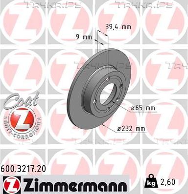 Тормозной диск Zimmermann Coat Z задний для SEAT Ibiza II 1999-2002. Артикул 600.3217.20