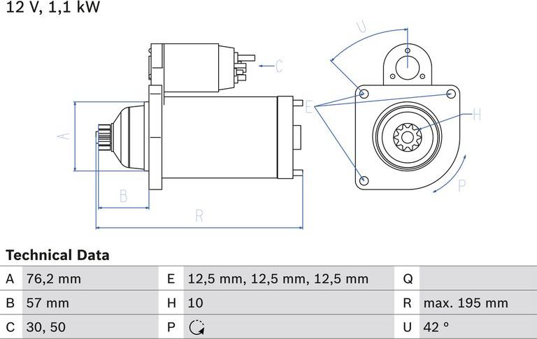 Стартер Bosch для Volkswagen Caddy III 2004-2015. Артикул 0 986 020 330