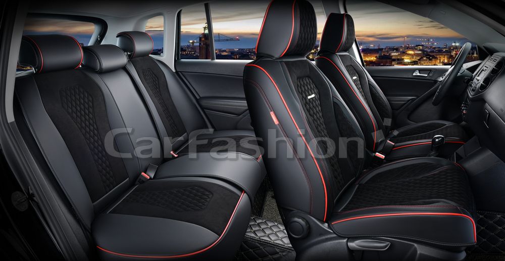 Чехлы универсальные каркасные CarFashion 5D Senator Plus на сидения авто, цвет Черный/Черный/Красный. Артикул 27302