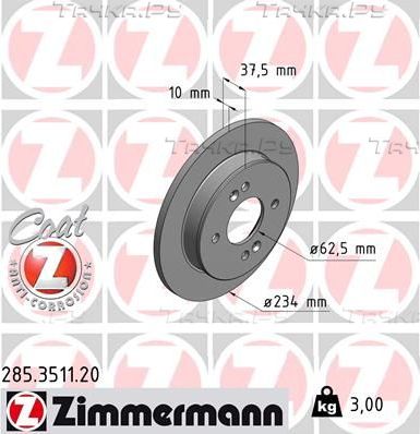 Тормозной диск Zimmermann Coat Z задний для Hyundai i10 I 2008-2017. Артикул 285.3511.20
