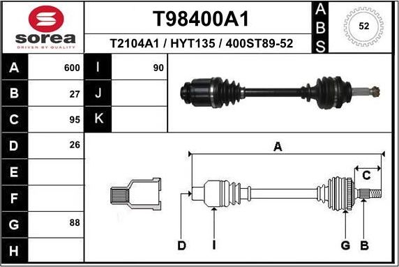Полуось (привод в сборе, приводной вал) EAI. Артикул T98400A1