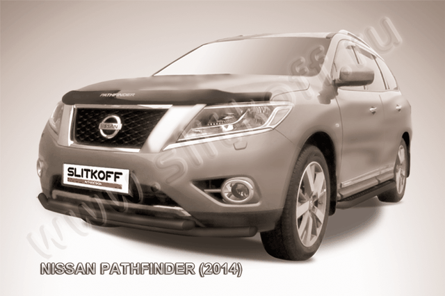 Защита Slitkoff переднего бампера d57/57 двойная ЧЕРНАЯ матовая для Nissan Pathfinder R52 2014-2026. Артикул NIP14-005B