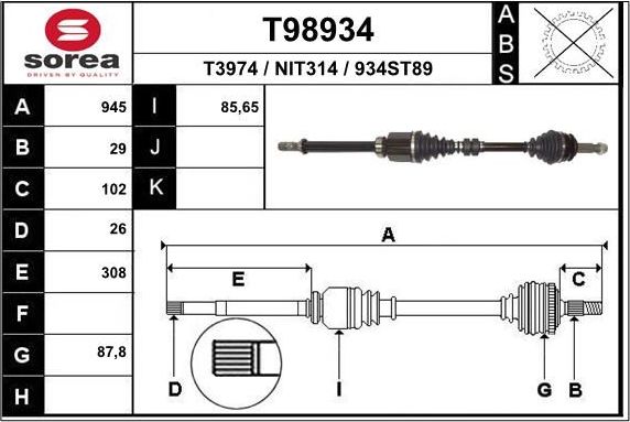 Полуось (привод в сборе, приводной вал) EAI. Артикул T98934