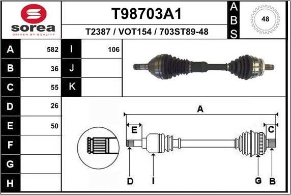 Полуось (привод в сборе, приводной вал) EAI. Артикул T98703A1