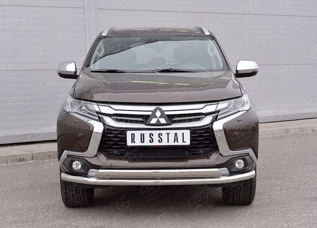 Защита RusStal переднего бампера d63 секция-75х42 дуга для Mitsubishi Pajero Sport III 2016-2020. Артикул MPJSZ-002485