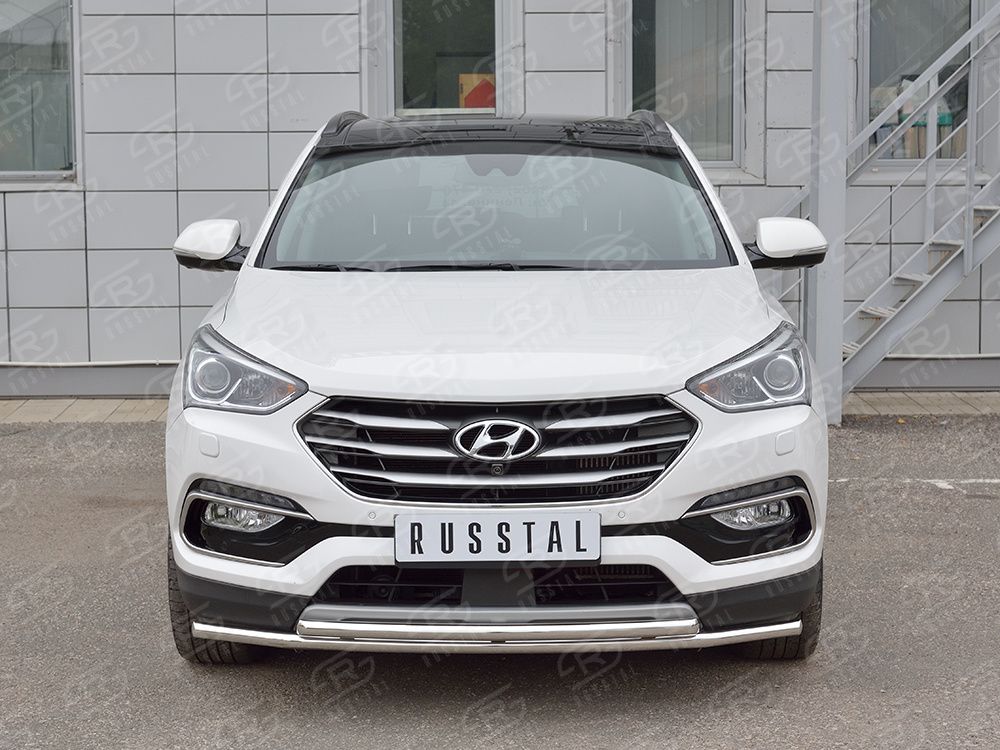 Защита RusStal переднего бампера d42 секция-d42 дуга для Hyundai Santa Fe Premium III 2015-2026. Артикул HSFPZ-002441