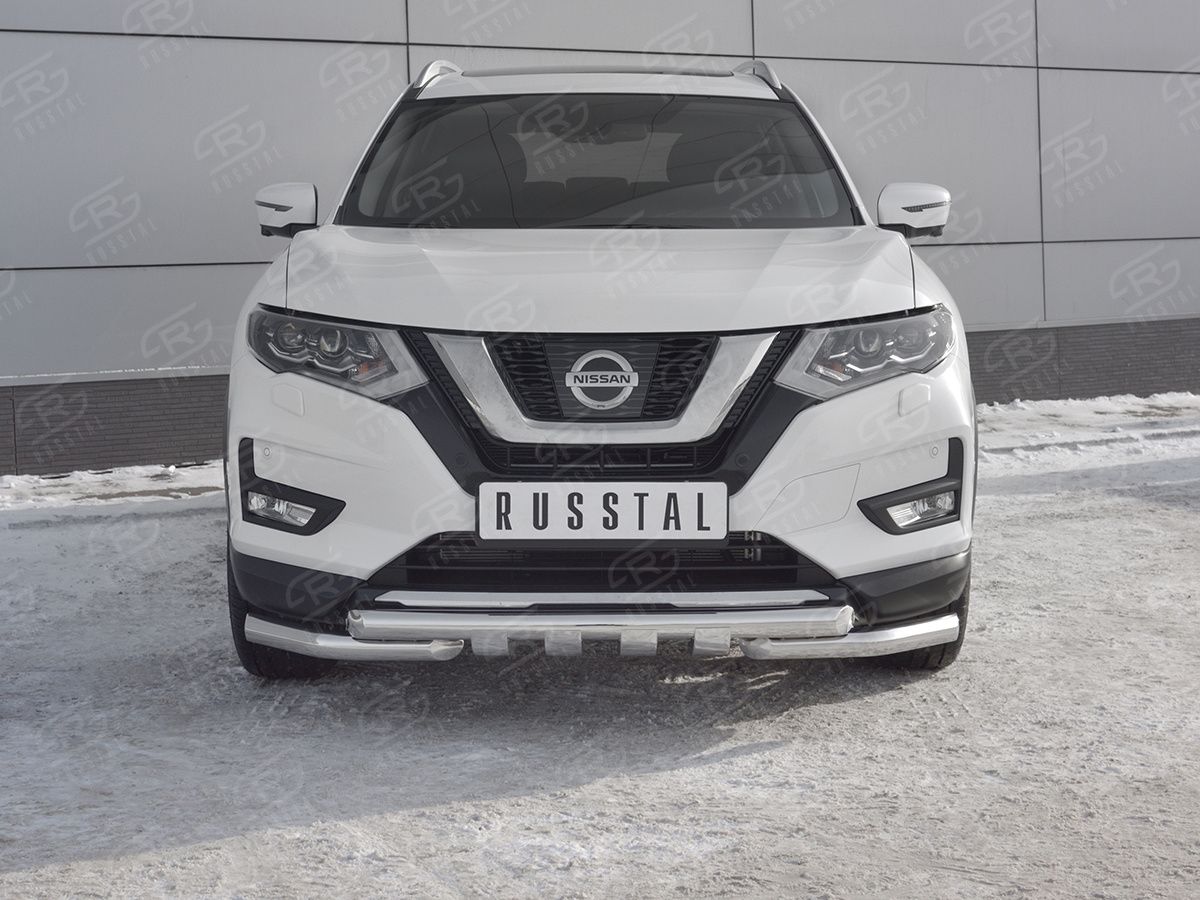 Защита RusStal переднего бампера d63 дуга-d63 уголки+клыки для Nissan X-Trail T32 рестайлинг 2018-2026. Артикул NXZ-003150