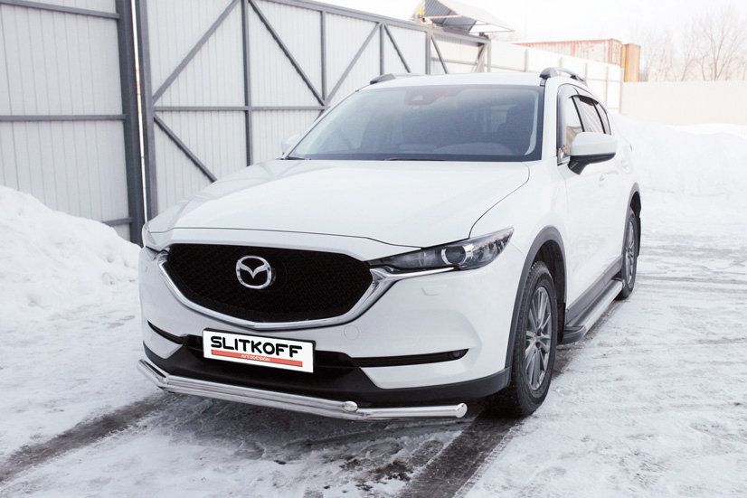 Защита Slitkoff переднего бампера d57+d42 двойная для Mazda CX-5 II 2017-2026. Артикул MZCX175-02