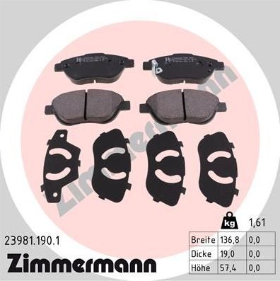 Тормозные колодки Zimmermann передние для Opel Corsa D 2006-2014. Артикул 23981.190.1