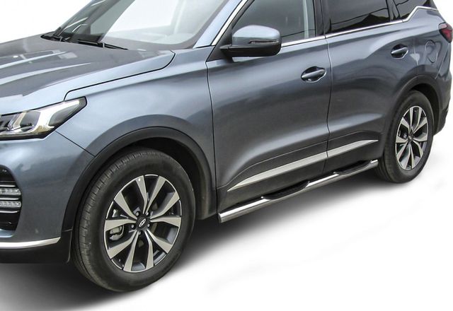 Пороги Slitkoff труба d76 с проступями для Chery Tiggo 7 Pro 2020-2026. Артикул CT7PR-004