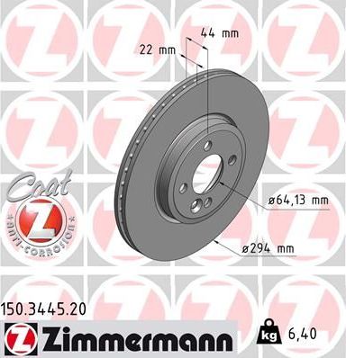 Тормозной диск Zimmermann Coat Z передний для MINI Hatch II (R56) 2006-2013. Артикул 150.3445.20