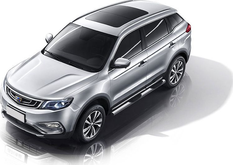 Пороги Slitkoff труба d76 с проступями для Geely Atlas 2016-2026 Серебристые. Артикул GEAT04S