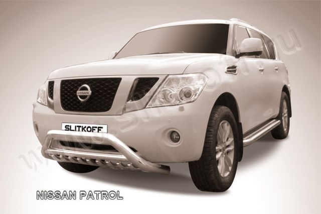 Кенгурятник Slitkoff d76 низкий широкий с перемычкой для Nissan Patrol Y62 2012-2014. Артикул NIPAT008