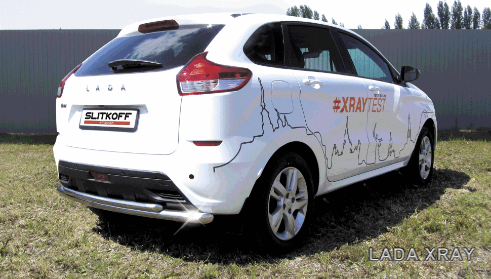 Защита Slitkoff заднего бампера d57 + d42 двойная для Lada Xray 2015-2026. Артикул LadXR011