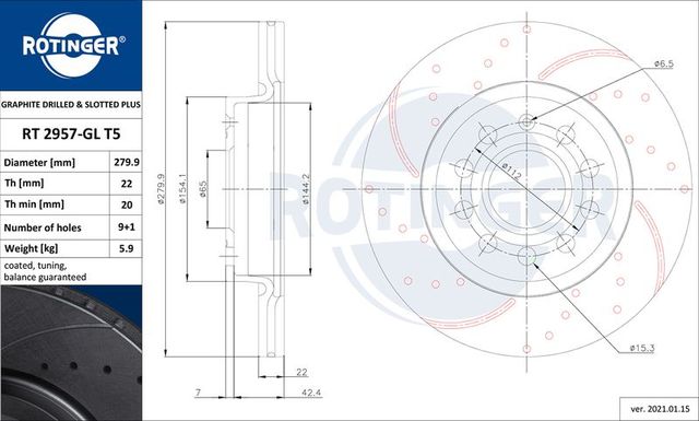 Тормозной диск Rotinger GRAPHITE DRILLED & SLOTTED PLUS передний для Skoda Yeti I 2009-2017. Артикул RT 2957-GL T5