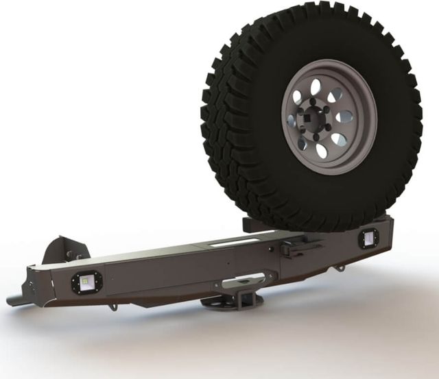 Бампер силовой STC задний для Toyota Hilux VII 2004-2015 с квадратом под фаркоп, площадкой под лебедку, кронштейном крепления запасного колеса справа и фарами заднего хода/ ПТФ. Артикул STC-TH05-BR-W-C2-L2