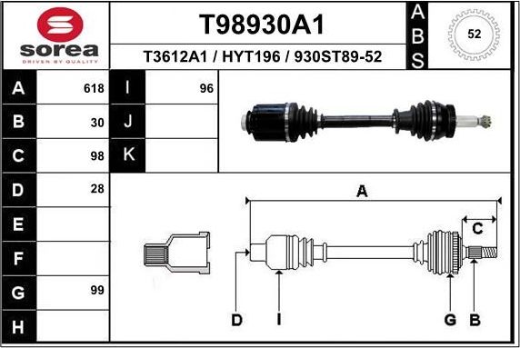 Полуось (привод в сборе, приводной вал) EAI. Артикул T98930A1