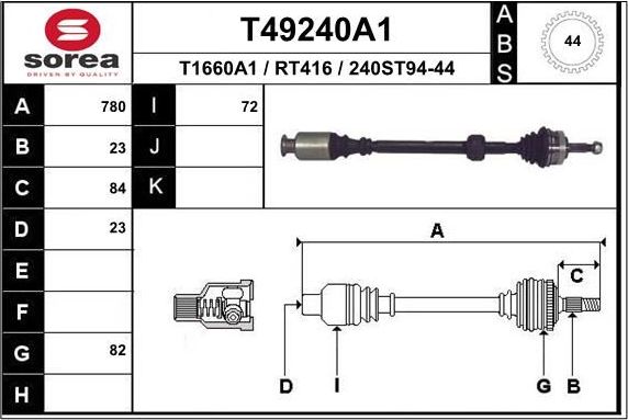 Полуось (привод в сборе, приводной вал) EAI передняя правая для Renault Scenic II 2000-2003. Артикул T49240A1