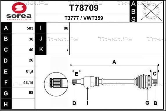 Полуось (привод в сборе, приводной вал) EAI. Артикул T78709
