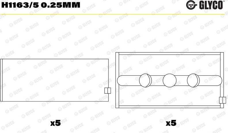 Вкладыши коренные Glyco для Ford Escort V 1991-1998. Артикул H1163/5 0.25mm