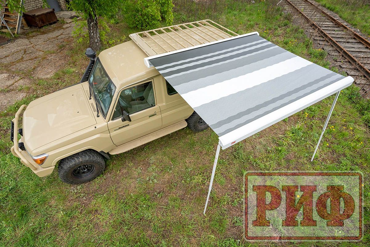 Маркиза автомобильная РИФ 2,5х2,0 м кассетная, привод механический, электромотор, корпус белый. Артикул RIF5833-2520M