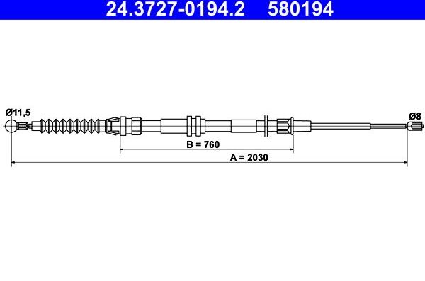 Трос ручника (тросик ручного тормоза) ATE. Артикул 24.3727-0194.2