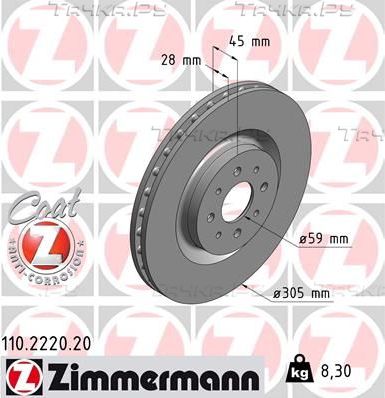 Тормозной диск Zimmermann Coat Z передний для Alfa Romeo MiTo I 2008-2018. Артикул 110.2220.20