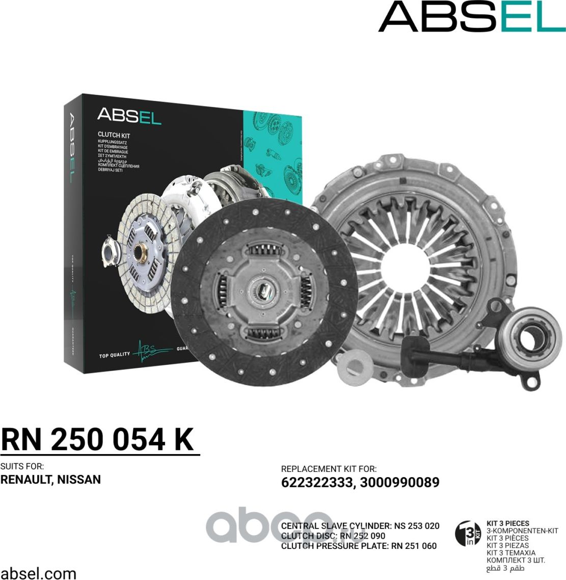 Комплект сцепления (корзина, диск, подшипник) (Absel). Артикул RN250054K