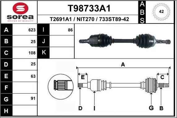 Полуось (привод в сборе, приводной вал) EAI передняя левая для Nissan Almera N16 2000-2002. Артикул T98733A1