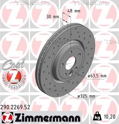 Тормозной диск Zimmermann Sport Coat Z передний для Jaguar XE I 2015-2026. Артикул 290.2269.52