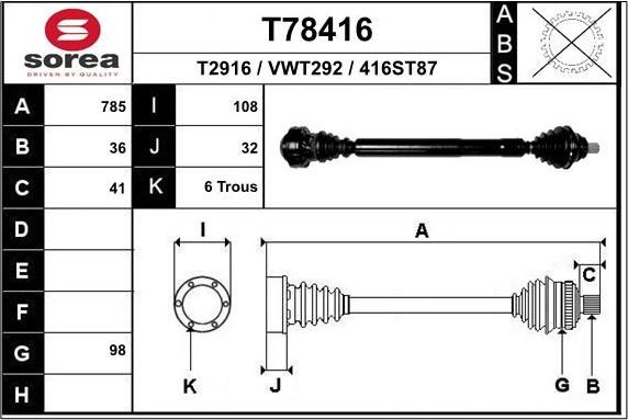 Полуось (привод в сборе, приводной вал) EAI. Артикул T78416