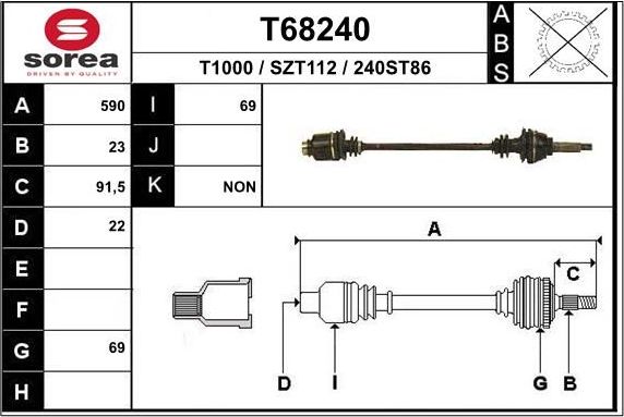 Полуось (привод в сборе, приводной вал) EAI. Артикул T68240