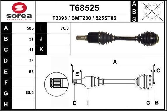 Полуось (привод в сборе, приводной вал) EAI. Артикул T68525