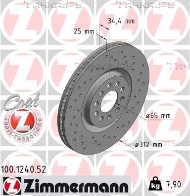 Тормозной диск Zimmermann Sport Coat Z передний для Volkswagen New Beetle I (A4) 2000-2010. Артикул 100.1240.52